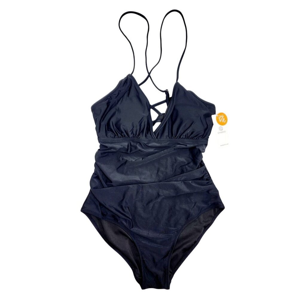 Charmo Womens Black One-Piece Swimsuit Strappy Back Ruched UPF 50+ Protection XL